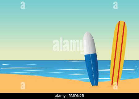 Tropical landscape. Seascape. Summer background. Surfing board. Flat style illustration. Vector illustration Stock Vector