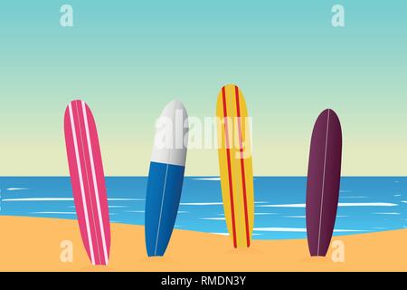 Tropical landscape. Seascape. Summer background. Surfing board. Flat style illustration. Vector illustration Stock Vector