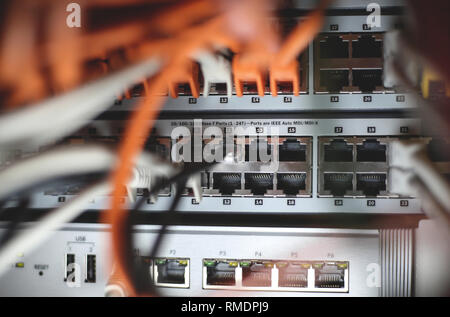 Server Datacenter Port Switches with cables Stock Photo