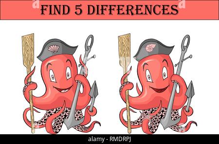 Find five differences. Anchor with octopus cartoon colored character isolated Stock Vector