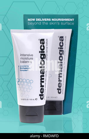 Dermalogica  intensive moisture balance Skin Care on a light blue background Stock Photo