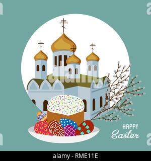 Orthodox temple, willow branches, painted eggs and Easter cake isolated on a white background. Vector Stock Vector