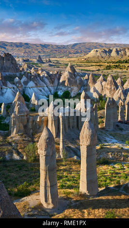 Pictures & images of the fairy chimney rock formations and rock pillars of “love Valley” near Goreme, Cappadocia, Nevsehir, Turkey Stock Photo