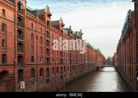 Speicherstadt, warehouse district in Hamburg, Germany, the largest warehouse district in the world where the buildings stand on timber-pile foundation Stock Photo