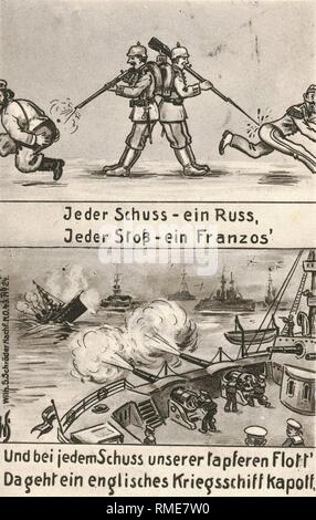 A postcard from the time of the outbreak of war glorifies the German war prospects: (English translation) 'A Russian with every shot', 'A French with every punch' and 'And with every shot of our brave fleet'  'An English warship is destroyed'. Stock Photo