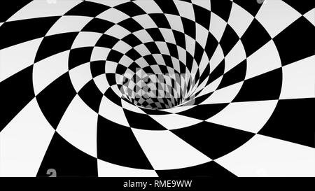 Animated hypnotic tunnel with white and black squares. Striped optical illusion three dimensional geometrical wormhole shape pattern motion graphics Stock Photo