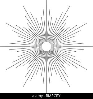 Vintage monochrome sunburst, starburst, bursting rays. Trendy cool design element isolated on white. Stock Vector