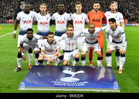 London, England - February 13, 2019 Tottenham Hotspur Team shoot Back Row:- L-R Moussa Sissoko, Toby Alderweireld, Davinson Sanchez, Juan Foyth, Hugo  Stock Photo