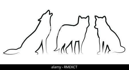 set of wolf dog line drawing silhouette vector illustration EPS10 Stock Vector