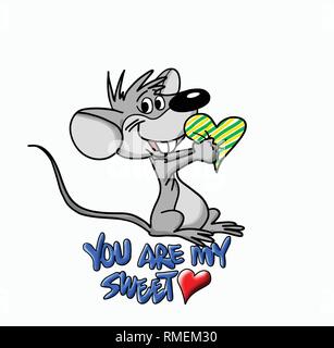 Cartoon mouse holding a heart in his hands showing of his love vector illustration Stock Vector