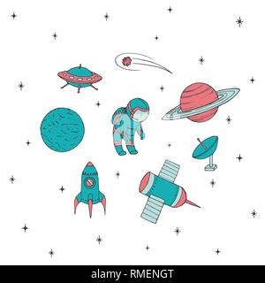 Hand drawn vector space elements: cosmonaut, satelites, rocket, planets, falling star and UFO. Colorful cosmos set isolated on the white background. Stock Vector