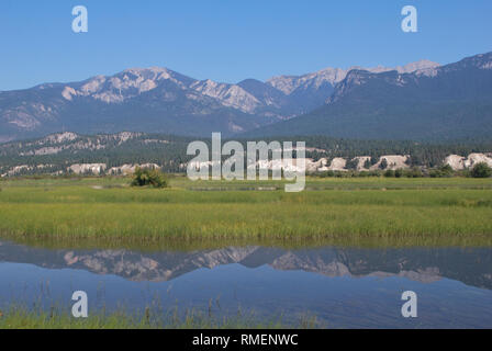 Reflection of the Rockies in the headwaters of the Columbia River in southeastern British Columbia add to the beauty of this important wetland. Stock Photo