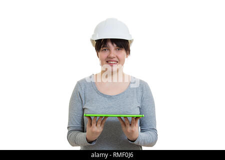 Creative young woman engineer wearing protective helmet holding tablet computer as for 3d project plan presentation isolated over white background. Stock Photo