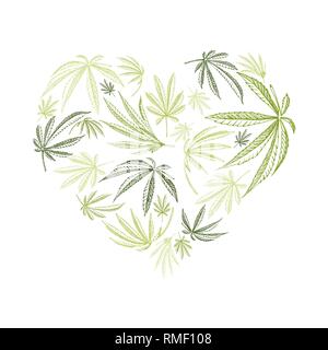 Vector heart shape of hemp plant and cannabis leaves for st. valentines day Stock Vector