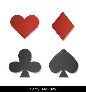 Playing card sign symbols. Paper set of four shapes. Vector illustration for casino and poker games. Decorative design for cards, posters, flyers. Stock Vector