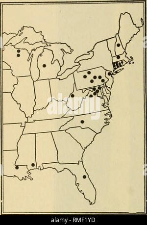 . An annotated list of the important North American forest insects. Forest insects. 10 Farmers' Bulletin 1259. DISTRIBUTION. Leconte's sawfly occurs throughout the eastern United States, the accompanying map (fig. 10) indicating localities from which the species has been recorded or specimens received. TREES ATTACKED. This species seems to have a preference for jack pine,^ red pine,^ and scrub pine,* each of which furnishes a local host in some part of the eastern United States through- out which the insect occurs. Its attack is not limited to these spe- cies, however, for it is also found on  Stock Photo