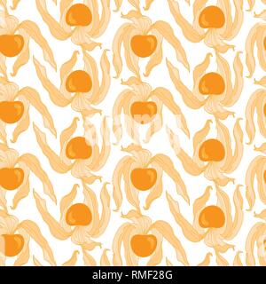 Physalis Hand Drawn Seamless Pattern on White with Orange Berries Stock Vector