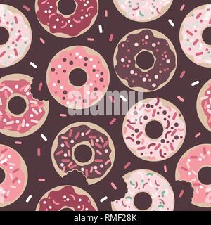 Pink Glazed Donuts with Sprinkles on Chocolate Brown Background Stock Vector