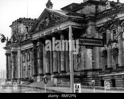 The restored Reichstag on the 100th anniversary of the laying of the foundation stone. The architect Paul Baumgarten restored the Reichstag until 1973. The Reichstag was built in 1884 in the style of the Italian High Renaissance with elements of the German Renaissance and the Neo-Baroque. A special novelty was the dome construction made of glass and steel. Stock Photo