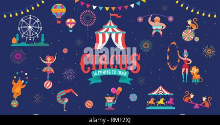 Circus banner template and background with tent, monkey, air balloons, gymnastics, elephant on ball, lion, jugger and clown. Vector illustration Stock Vector