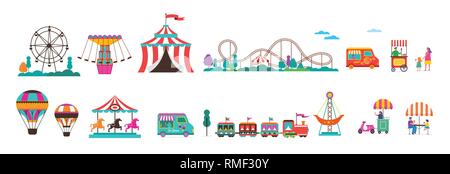 Amusement park with carousels, air balloons and roller coaster. Circus, Fun fair and Carnival icon collection Stock Vector