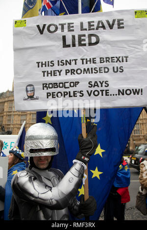 Anti Brexit pro Europe Robocop demonstrator protests in Westminster opposite Parliament on the day MPs vote on EU withdrawal deal amendments on 29th January 2019 in London, England, United Kingdom. Stock Photo