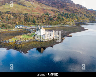 Aerial view of the historic Eilean Donan Castle by Dornie, Scotland. Stock Photo