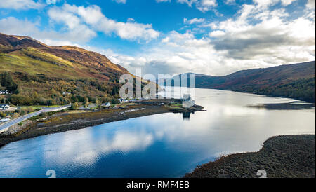 Aerial view of the historic Eilean Donan Castle by Dornie, Scotland. Stock Photo