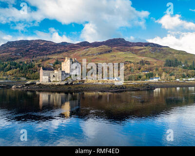 Aerial view of the historic Eilean Donan Castle by Dornie, Scotland. Stock Photo