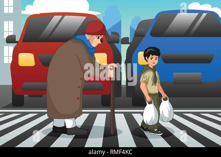 Young Boy Helping Elderly Lady To Cross The Road Boy Elderly Lady Help ...