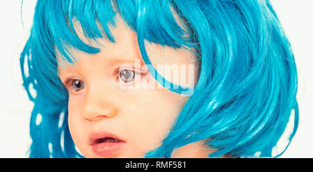 Beauty look hairstyle for cosplay party. Small child wear blue wig hair.  Small kid in fancy wig hairstyle. Adorable little child in fashion wig. Cute  Stock Photo - Alamy