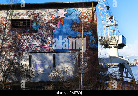 Krefeld, Germany. 11th Feb, 2019. 'Street Art Art' at the building of the 'Rhine Side Gallery' on the banks of the Rhine in the district of Uerdingen. Credit: Horst Ossinger/dpa/Alamy Live News Stock Photo