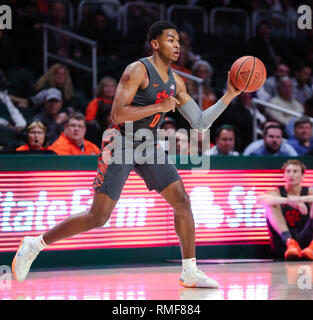 Coral Gables, Florida, USA. 13th Feb, 2019. Clemson Tigers guard Clyde Trapp (0) handles the ball during the first half of an NCAA men's basketball game against the Miami Hurricanes at the Watsco Center in Coral Gables, Florida. Mario Houben/CSM/Alamy Live News Stock Photo