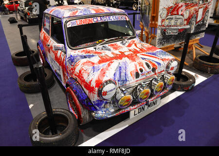 ExCel London, UK. 14th Feb 2019. A custom painted Mini on display at the London Classic Car Show which is taking place at ExCel London, United Kingdom. Around 700 of the world's finest classic cars are on display at the show ranging from vintage pre-war tourers to a modern concept cars. The show brings in around 37,000 visitors, ranging from serious petrol heads to people who just love beautiful and classic vehicles. Credit: Michael Preston/Alamy Live News Stock Photo