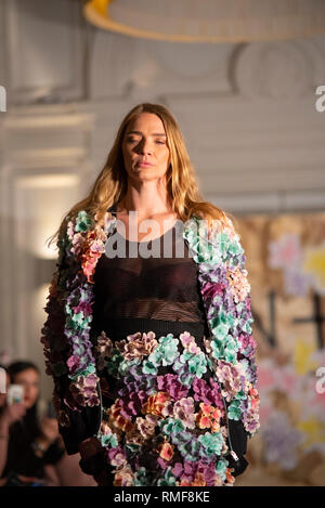 Vin + Omi, in collaboration with Ocean, presented their latest collection in the 1901 Restaurant, Andaz London, ahead of London Fashion Week. The eco designer duo create their sometimes outlandish outfits from recycled materials. Starred model Jodie Kidd, who returned to the LFW catwalk for the first time in ten years, overcoming panic attacks Stock Photo