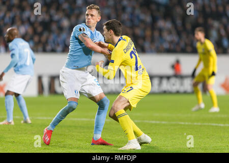 Malmo, Sweden. 14th Feb, 2019. Sweden, Malmö, February 24 2019. Søren Rieks (5) of Malmö FF marks Andreas Christensen (27) of Chelsea FF during the Europa League round of 32 match between Malmö FF and Chelsea FC at Swedbank Stadion in Malmö. (Photo Credit: Gonzales Photo/Alamy Live News Stock Photo