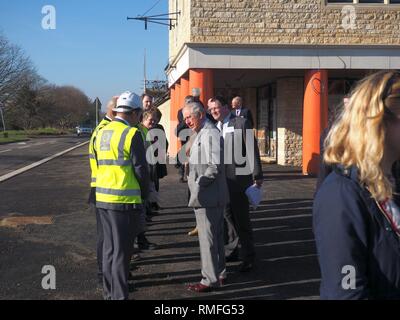 Bletchingdon, Oxfordshire, UK. 15th Feb 2019. Prince Charles the Prince of Wales meets dignitaries, workers and residents during a visit to a housing development in Bletchingdon, part of the Duchy of Cornwall’s Eastern District. He also visited Bletchingdon Parochial Church of England School and Bletchingdon Village Hall. Credit: Angela Swann/Alamy Live News Stock Photo