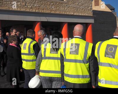Bletchingdon, Oxfordshire, UK. 15th Feb 2019. Prince Charles the Prince of Wales meets dignitaries, workers and residents during a visit to a housing development in Bletchingdon, part of the Duchy of Cornwall’s Eastern District. He also visited Bletchingdon Parochial Church of England School and Bletchingdon Village Hall. Credit: Angela Swann/Alamy Live News Stock Photo