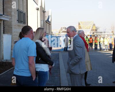 Bletchingdon, Oxfordshire, UK. 15th Feb 2019. Prince Charles the Prince of Wales meets dignitaries, workers and residents during a visit to a housing development in Bletchingdon, part of the Duchy of Cornwall’s Eastern District. He also visited Bletchingdon Parochial Church of England School and Bletchingdon Village Hall. Credit: Angela Swann/Alamy Live News Stock Photo