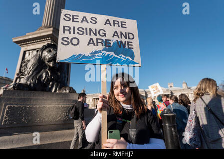 London, UK. 15th Feb, 2019. Students striking for climate change at the base of Nelson's column in Trafalgar Square. Similar student protests are taking place worldwide as students try to bring to the attention of world leaders the impact that climate change will have on their futures. Credit: Stephen Chung/Alamy Live News Stock Photo
