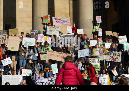 Leeds, UK. 15th Feb, 2019. A protest by young people outside Leeds City Hall during a national climate change strike day of action. Credit: Kevin J. Frost/Alamy Live News Stock Photo