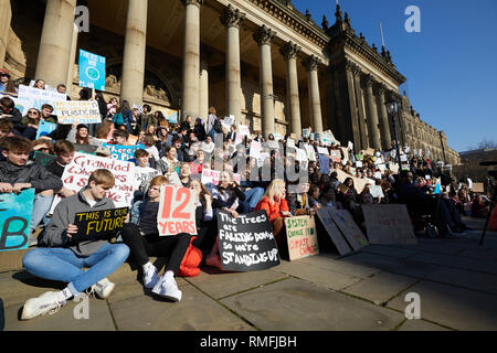 Leeds, UK. 15th Feb, 2019. Young people protesting outside Leeds City Hall during a national climate change strike day of action. Credit: Kevin J. Frost/Alamy Live News Stock Photo