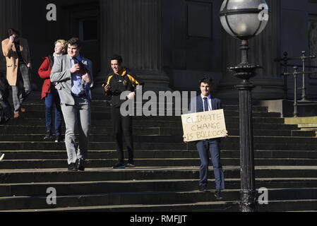 Liverpool, UK, Friday 15th February 2019, Student strike organised by a student grassroots movement, UK Student Climate Network and Schools 4 Climate Action with flags and placards on St George's Plateau, Liverpool city centre. Credit David J Colbran / Alamy Live News Stock Photo