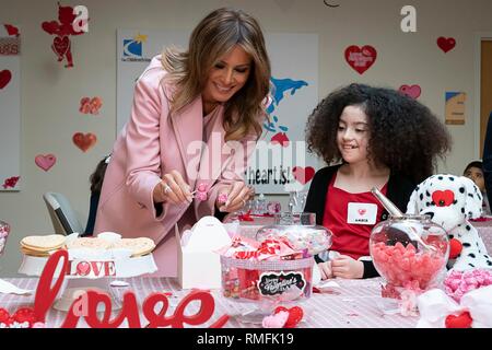 U.S First Lady Melania Trump visits children to join them in Valentine Day festivities at the Children’s Inn at the National Institute of Health February 14, 2019 in Bethesda, Maryland. Stock Photo