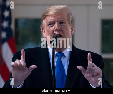 Washington DC, USA. 15th Feb, 2019. United States President Donald J. Trump makes remarks as he declares a National Emergency over the southern border and the need for border security during an appearance in the Rose Garden of the White House in Washington, DC on Friday, February 15, 2019. Credit: Chris Kleponis / Pool via CNP /MediaPunch Credit: MediaPunch Inc/Alamy Live News Stock Photo