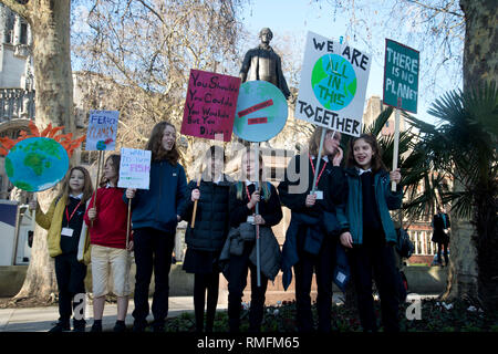 London, UK. 15th Feb, 2019. Thousands of schoolchildren and young people in the UK have taken part in climate strikes, walking out of school to protest at government inaction on climate change as part of a global campaign for action on climate change.The school strikes have been inspired by young Swedish activist Greta Thurnberg who since August 2018 has been protesting on Fridays. In London several thousands children and students gathered in Parliament Square, Westminster. Credit: Jenny Matthews/Alamy Live News Stock Photo