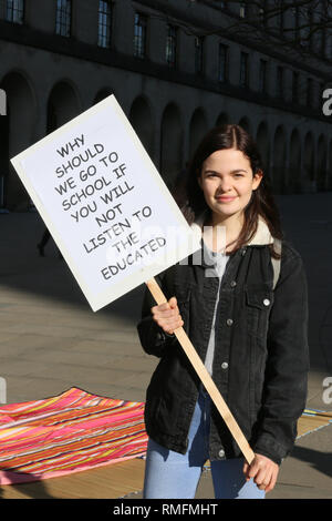 Manchester, UK. 15th Feb, 2019. School and University students walk out on strike to take part in a national day of action to highlight the issues associated with climate change.  Around 500 young people attended a rally in St peters Square, Manchester, UK, 15th February 2019 (C)Barbara Cook/Alamy Live News Credit: Barbara Cook/Alamy Live News
