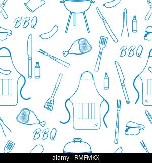 Seamless pattern with grill and barbecue tools. BBQ party background. Design for party card, banner, poster or print. Stock Vector