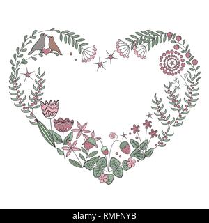 Floral heart frame with isolated flowers, herbs and leaves. Vector illustration Stock Vector