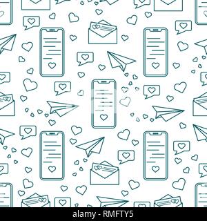 Seamless pattern with paper airplane, envelope, smartphone, sms, hearts. Birthday, Valentine's day, Mother's Day, Father's day, wedding vector romanti Stock Vector